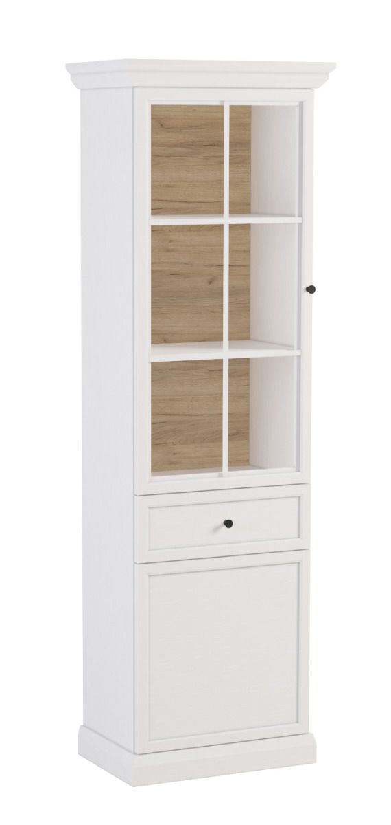 Torsakala 08 display cabinet, glass door framed in wood, 1 wooden door, 3 shelves, 5 compartments, 200 x 63 x 41 cm, including LED lighting, white opal