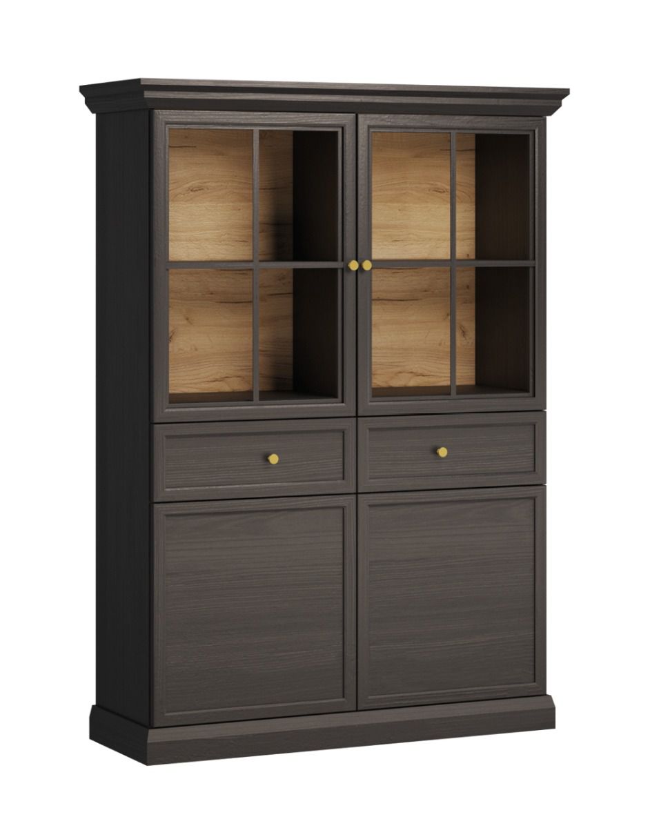 Black graphite Torsakala 21 display cabinet with 8 compartments, 2 drawers, 2 glass doors, 2 wooden doors, incl. LED lighting, 161 x 114 x 40 cm, 4 shelves