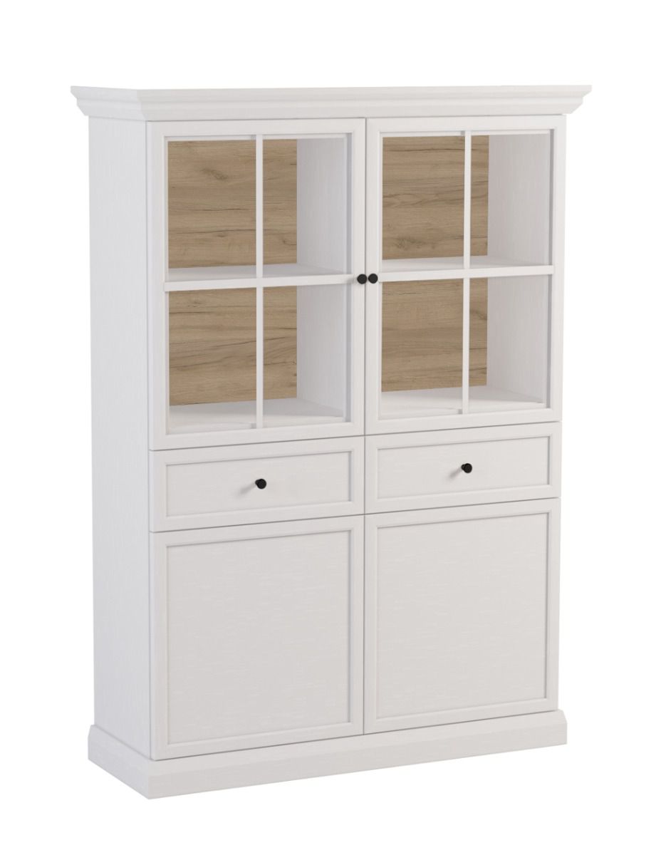 Torsakala 09 display cabinet in white opal, 161 x 114 x 40 cm, 8 compartments, 4 shelves, 2 drawers, 2 wooden doors, 2 glass doors, incl. LED lighting, ABS