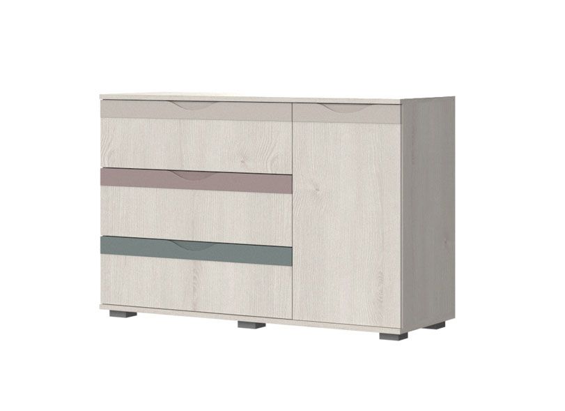 Children's room - chest of drawers with soft-close function Peter 10, color: pine white / beige / pink / blue, dimensions: 84 x 126 x 44 cm, with three drawers