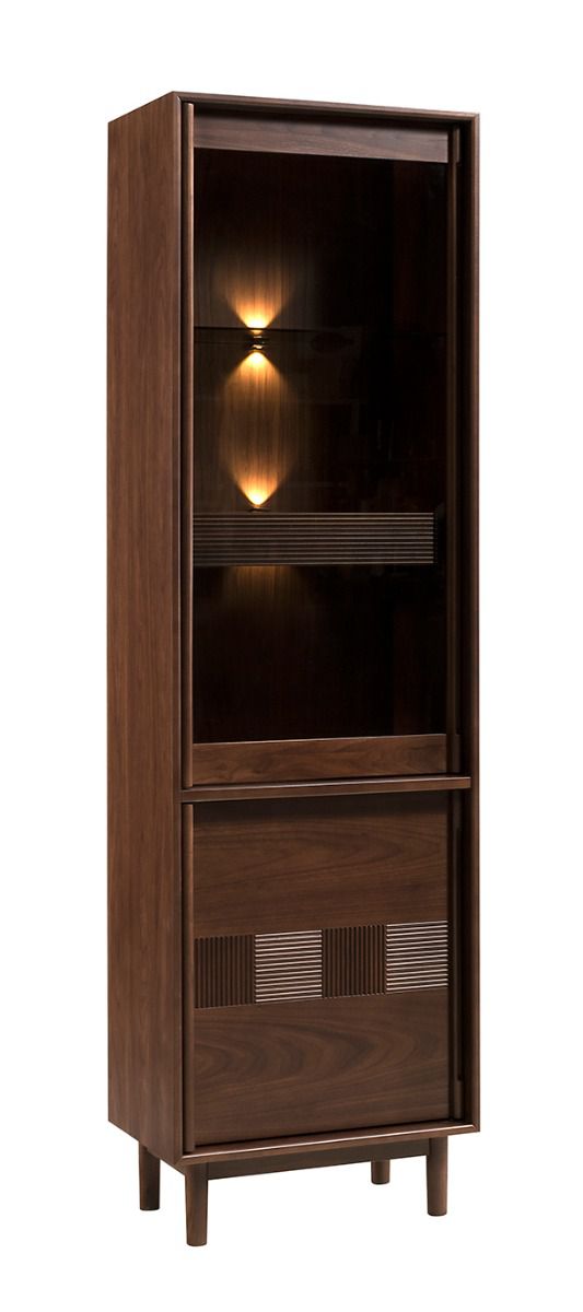 Inginele 06 display cabinet in walnut, incl. LED lighting, 2 doors, 3 shelves, 5 compartments, 1 drawer, 204 x 58 x 43 cm, toughened glass Antisol brown