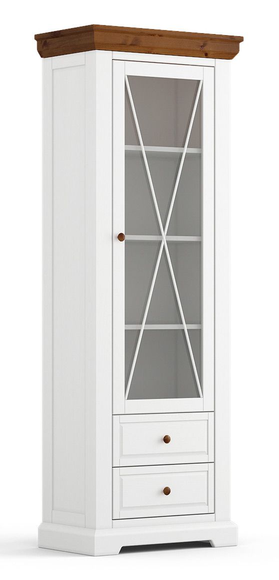 Narrow display cabinet Gimone 01 in white / Tabacco made of Finnish pine, 200 x 70 x 41 cm, 1 glass door, 2 drawers, 3 shelves, 4 compartments, classic