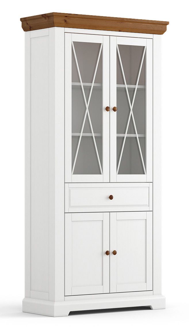 Gimone 02 display cabinet made of Finnish pine, white / Tabacco, 200 x 95 x 41 cm, 2 glass doors, 2 wooden doors, 1 drawer, 3 shelves, 5 compartments, elegant