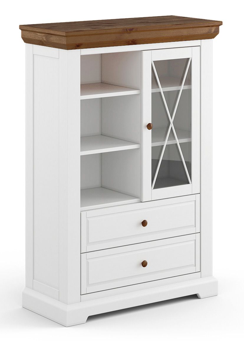 Gimone 03 display cabinet in white / tobacco, with 1 glass door, 2 drawers, 140 x 95 x 41 cm, soft close, made of Finnish pine, 3 shelves, 6 compartments