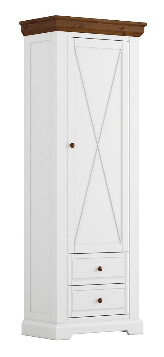 Narrow cabinet Gimone 12, made of Finnish pine, white / Tabacco, 200 x 70 x 42 cm, 1 wooden door, soft close system, 2 drawers, 1 shelf