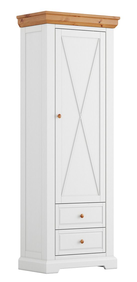 Narrow wardrobe Bresle 14 with 200 x 70 x 42 cm, white / natural, made of Finnish pine, 1x wooden door, 2x drawer, 1x shelf, soft-close system