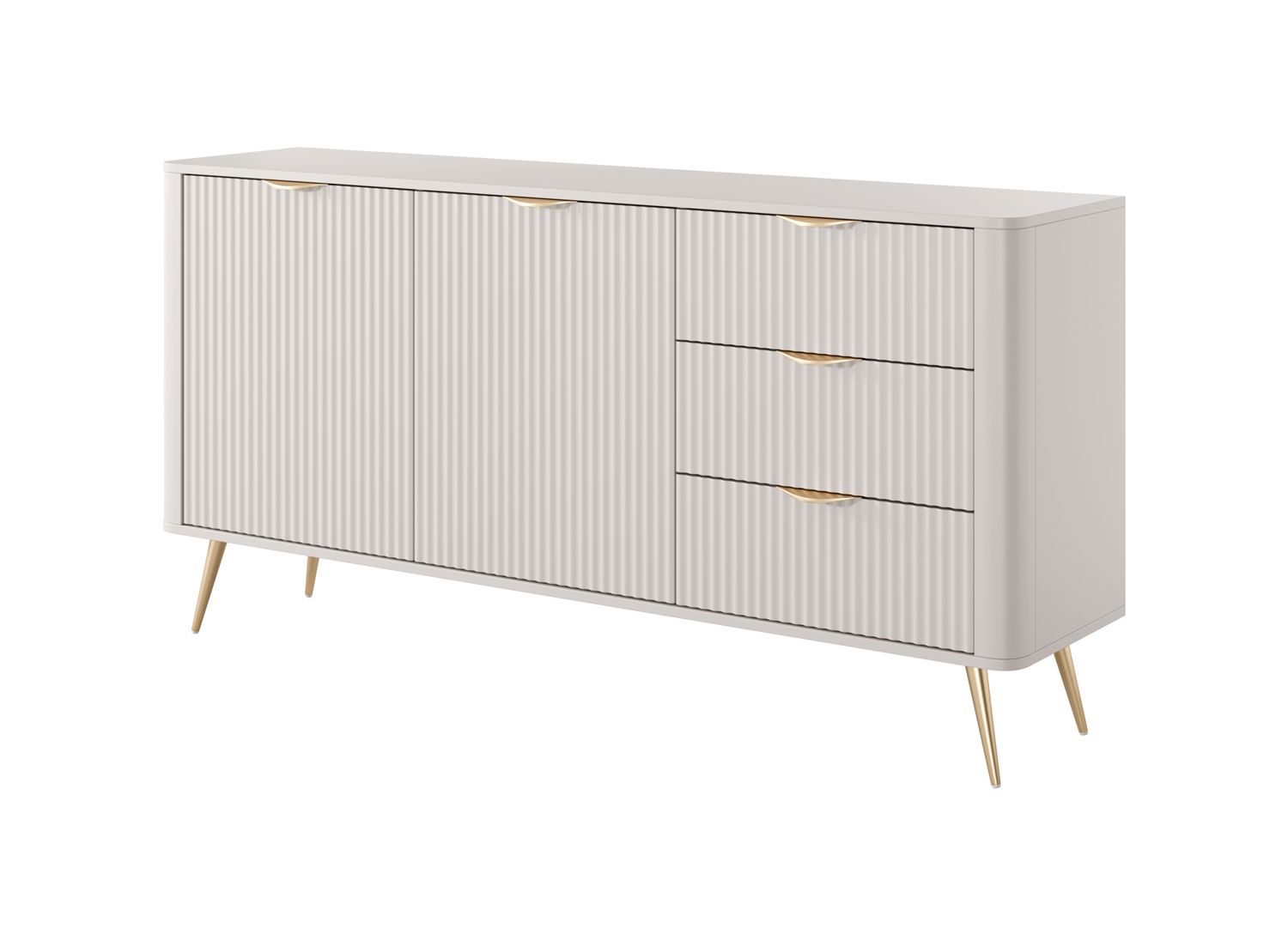 Long sideboard with ample storage space Sloughia 03, color: beige, three drawers, four compartments, dimensions: 81 x 163 x 38 cm, handles & legs: metal