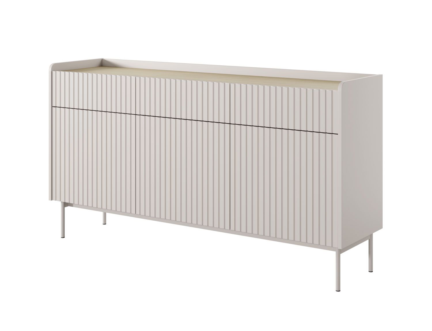 Sideboard with push-to-open Skhira 02, push-to-open, color: beige / Scandi oak, three doors, dimensions: 82 x 153 x 38 cm, three drawers, ABS edge protection