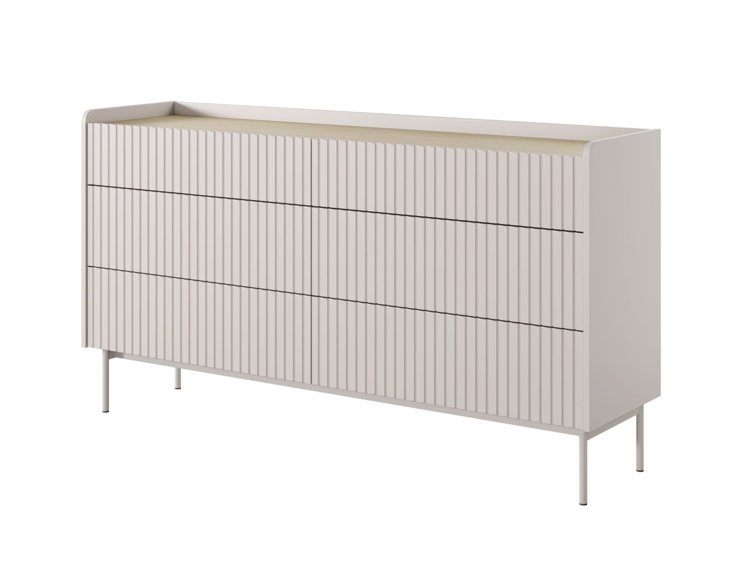 Simple chest of drawers with six drawers Skhira 03, modern design, color: beige / oak Scandi, push-to-open, ABS edge protection, legs: metal