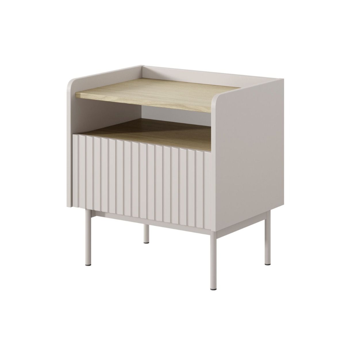 Bedside cabinet with one drawer Skhira 06, color: beige / Scandi oak, one compartment, push-to-open, dimensions: 56 x 53 x 38 cm, simple and stylish design