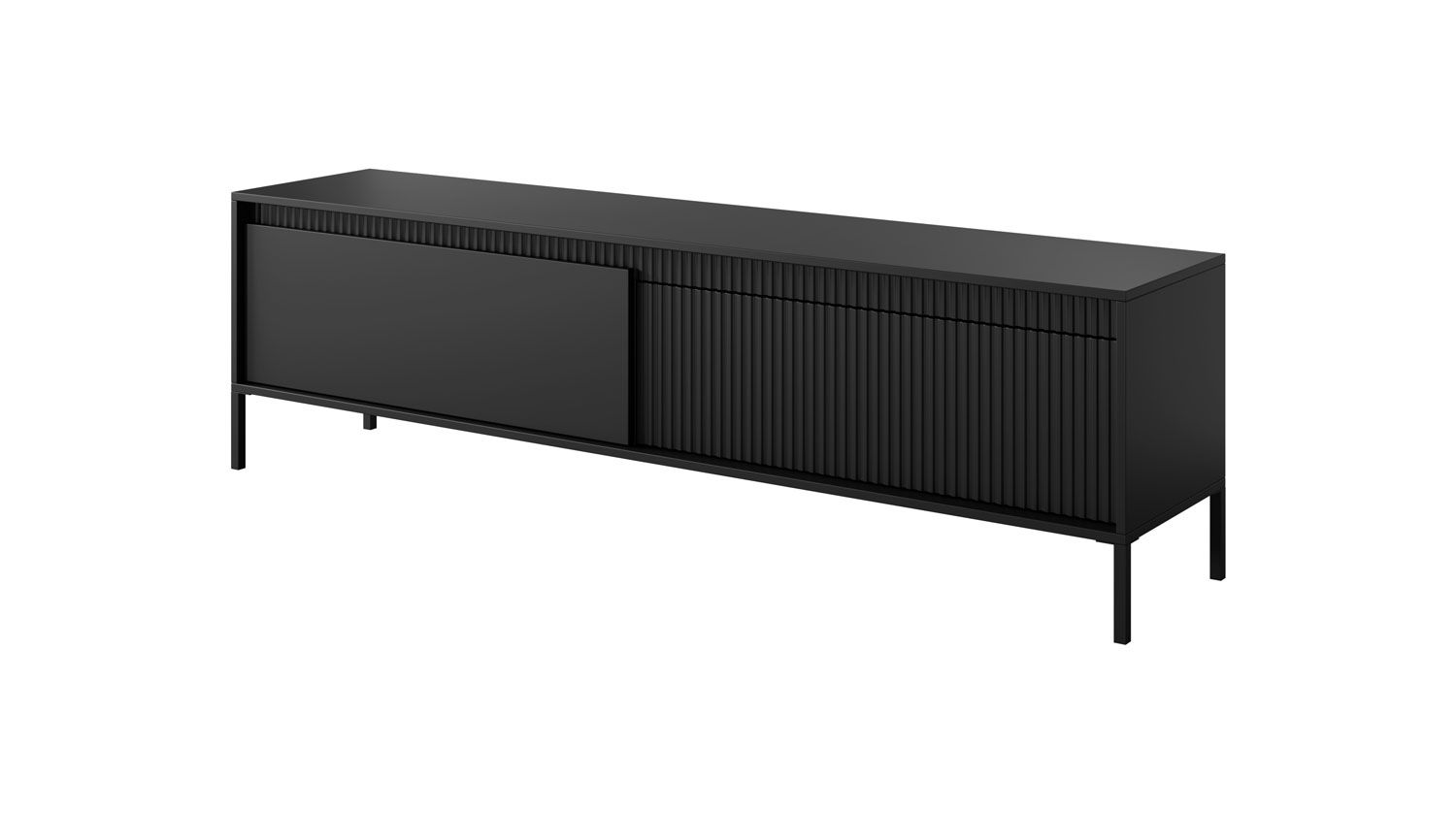 TV cabinet with stylish Balta 11 front, two tilt compartments, push-to-open, color: black, dimensions: 53 x 187 x 39.5 cm, ABS edge protection, legs: metal