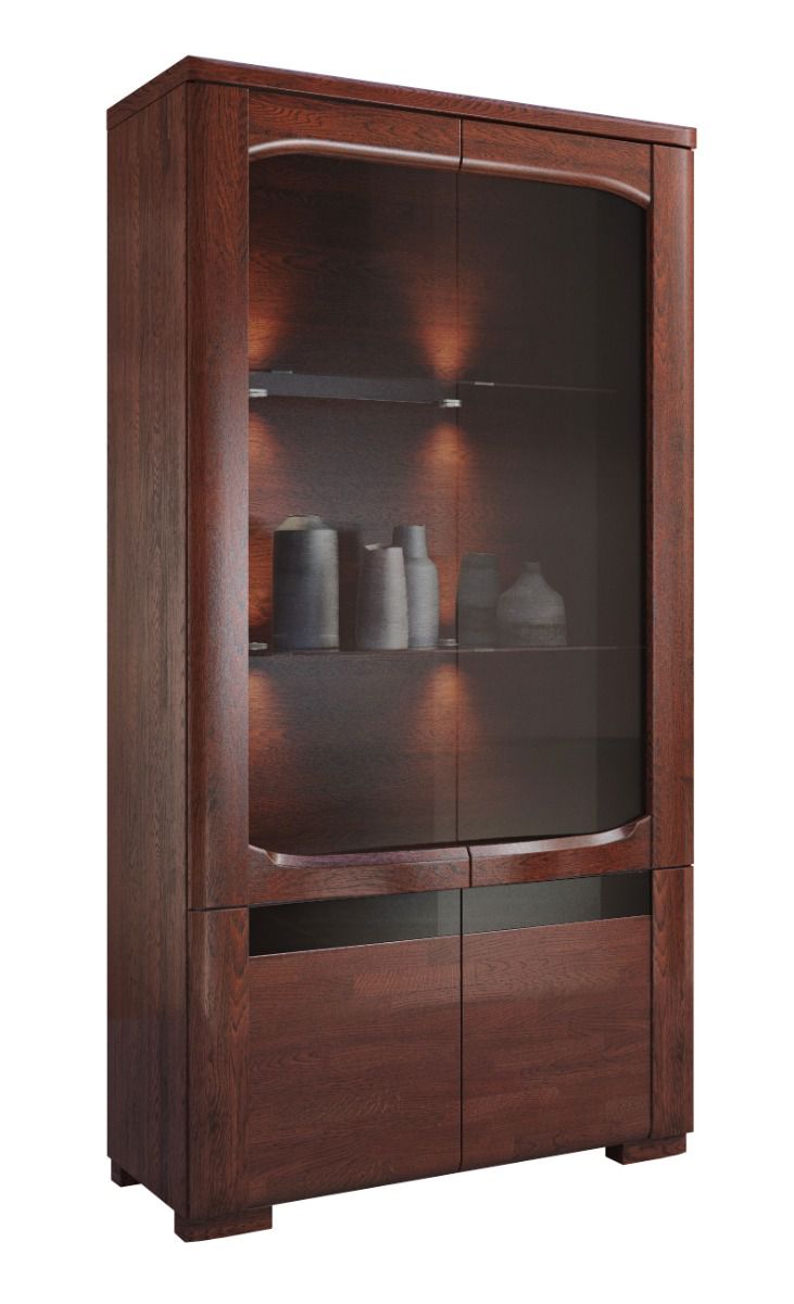 Large display cabinet Krasno 01, solid oak, push-to-open function, incl. LED lighting, dimensions: 193 x 101 x 45 cm, with natural oak veneer 