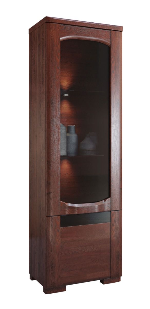 Narrow display cabinet with LED lighting Krasno 02, solid oak, door hinge left, five compartments, dimensions: 193 x 61 x 45 cm, with push-to-open function