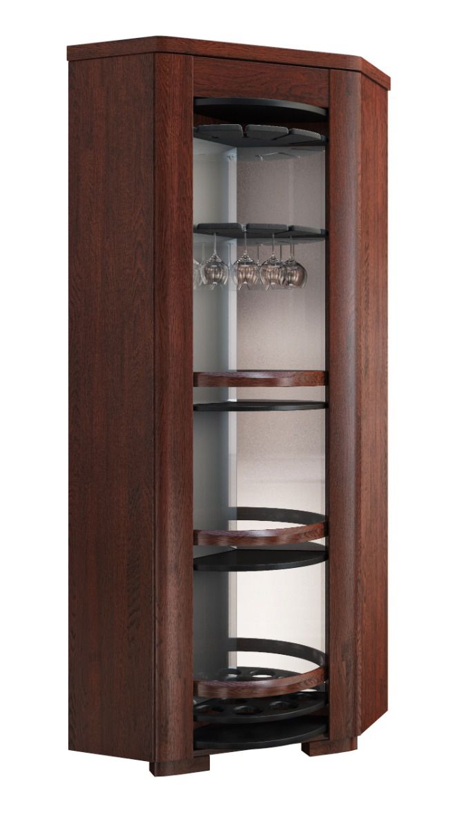 Corner bar cabinet with rotating shelves and two glass hangers Krasno 04, solid oak, dimensions: 193 x 69 x 69 cm, with natural oak veneer 