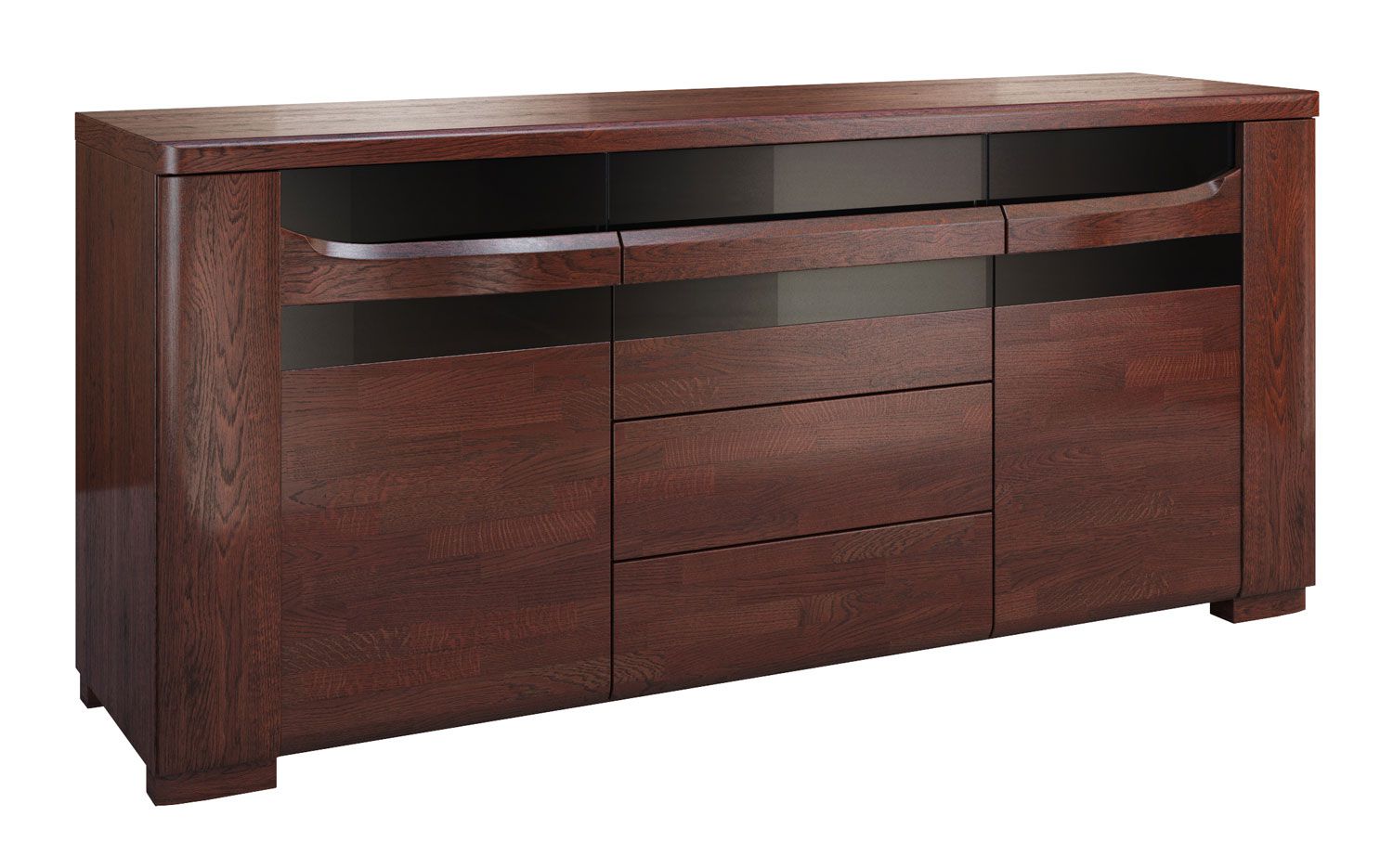 Sturdy sideboard / chest of drawers Krasno 07, solid oak, four compartments, four drawers, push-to-open function, dimensions: 82 x 182 x 53 cm, Lacobel glass