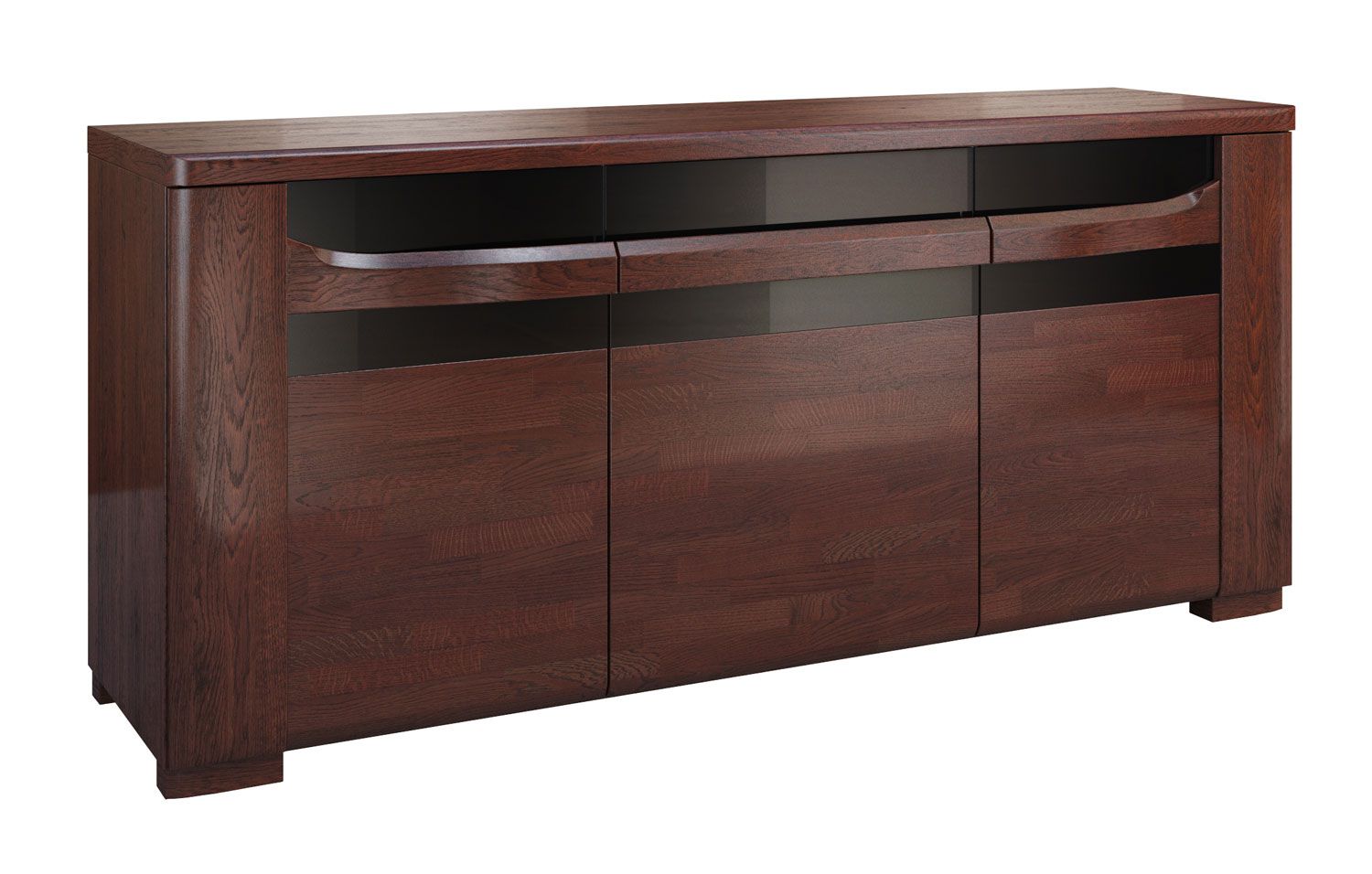 Sideboard with ample storage space Krasno 08, solid oak, six compartments, one drawer, Lacobel glass, push-to-open function, dimensions: 82 x 182 x 53 cm