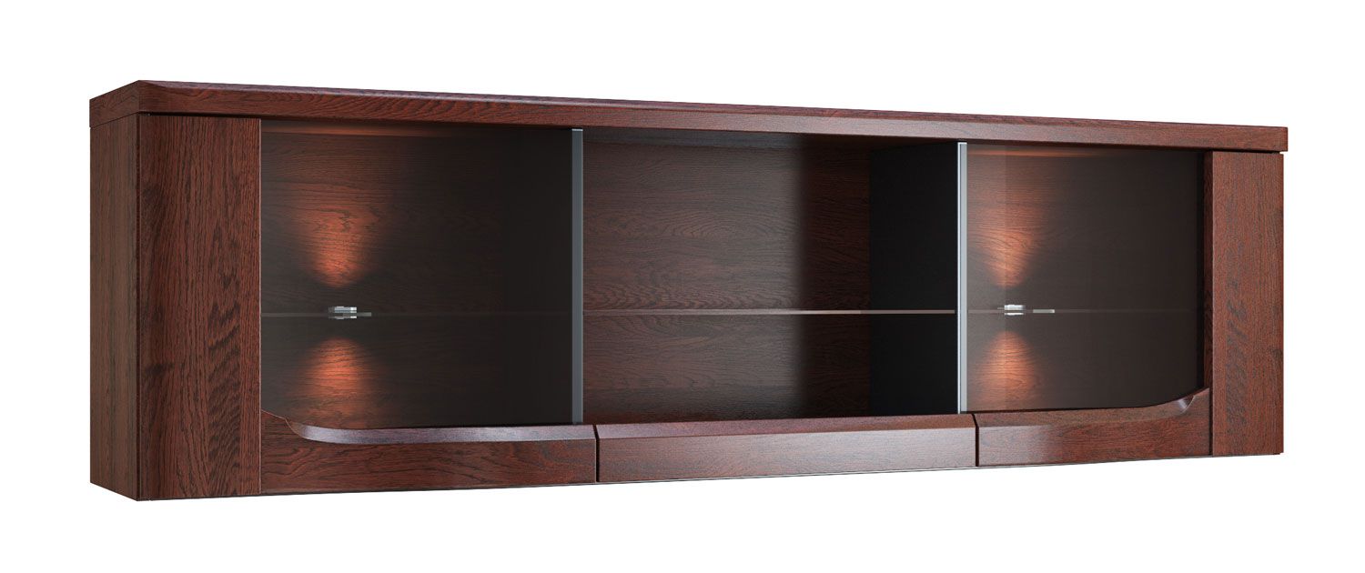 Large wall cabinet with six compartments Krasno 13, made of solid oak, antisol glass, incl. LED lighting, dimensions: 53 x 182 x 36 cm, two glass doors