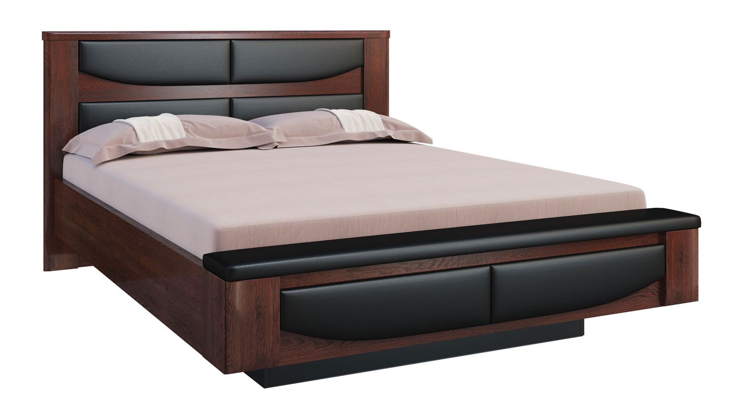 Double bed with upholstered headboard Krasno 39, solid oak, lying surface: 140 x 200 cm, eco-leather, natural oak veneer