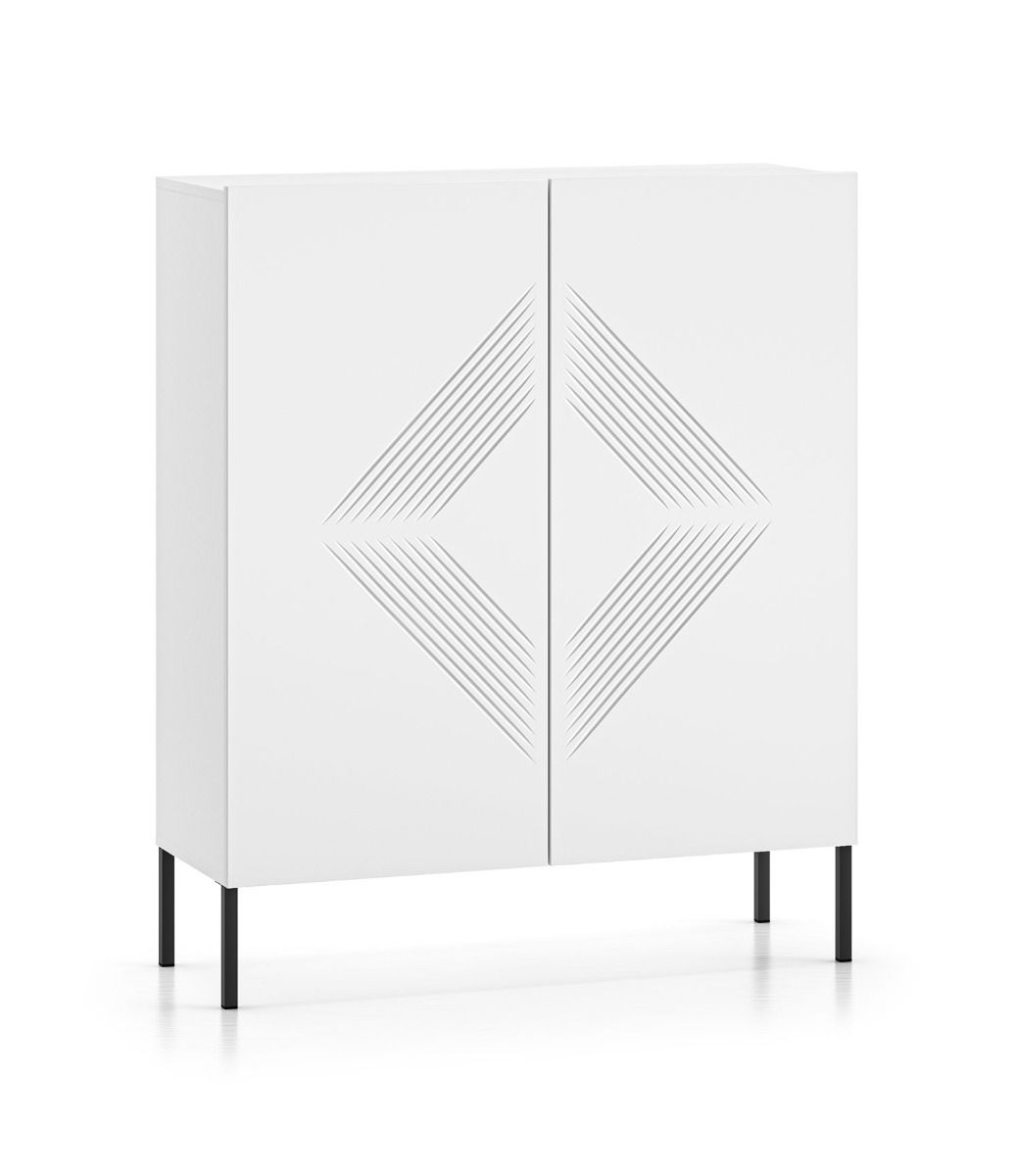 Simple chest of drawers with three compartments Taos 01, color: white matt, timeless design, legs: black, dimensions: 120 x 100 x 37 cm, very robust, with 2 doors 
