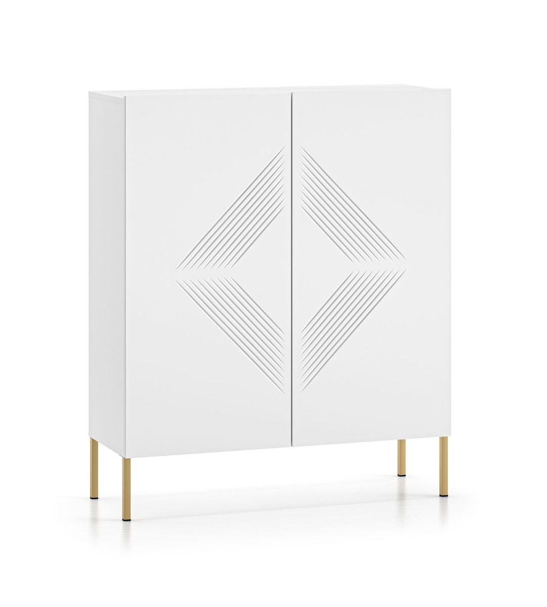 Modern chest of drawers with golden legs Taos 02, color: white matt, simple design, dimensions: 120 x 100 x 37 cm, with three compartments, for living room