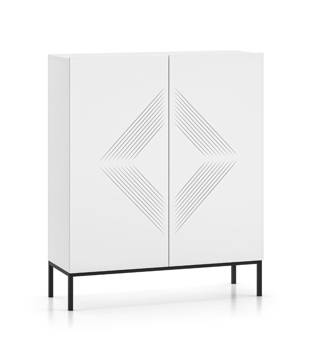 Robust chest of drawers with Taos 03 metal legs, color: white matt, dimensions: 120 x 100 x 37 cm, with 2 doors and three compartments, modern and simple design