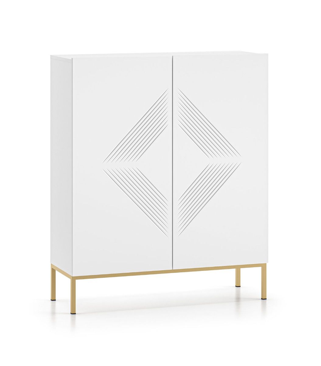 Chest of drawers with three compartments Taos 04, with modern pattern, color: white matt, legs: metal, dimensions: 120 x 100 x 37 cm, for living room, with two doors