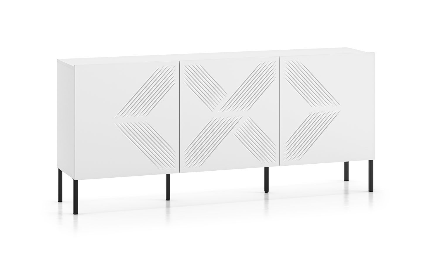 Sideboard / chest of drawers with six compartments Taos 05, color: white matt, legs: black, dimensions: 77 x 170 x 37 cm, with three doors, stylish and decorative front 