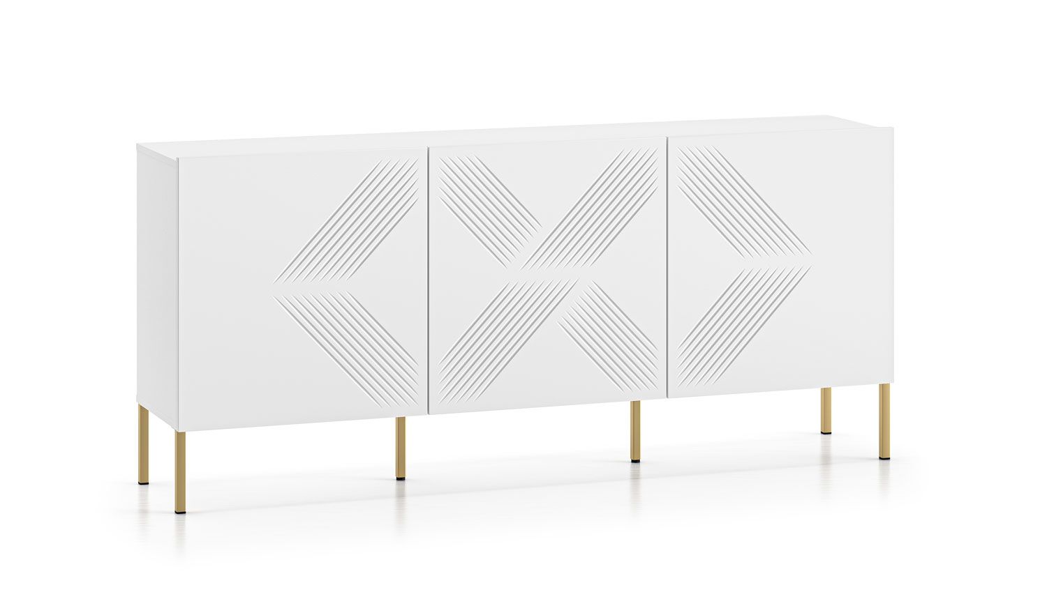 Stylish sideboard / chest of drawers with three doors Taos 06, color: white matt, golden legs, decorative front, dimensions: 77 x 170 x 37 cm, with three doors, with six compartments