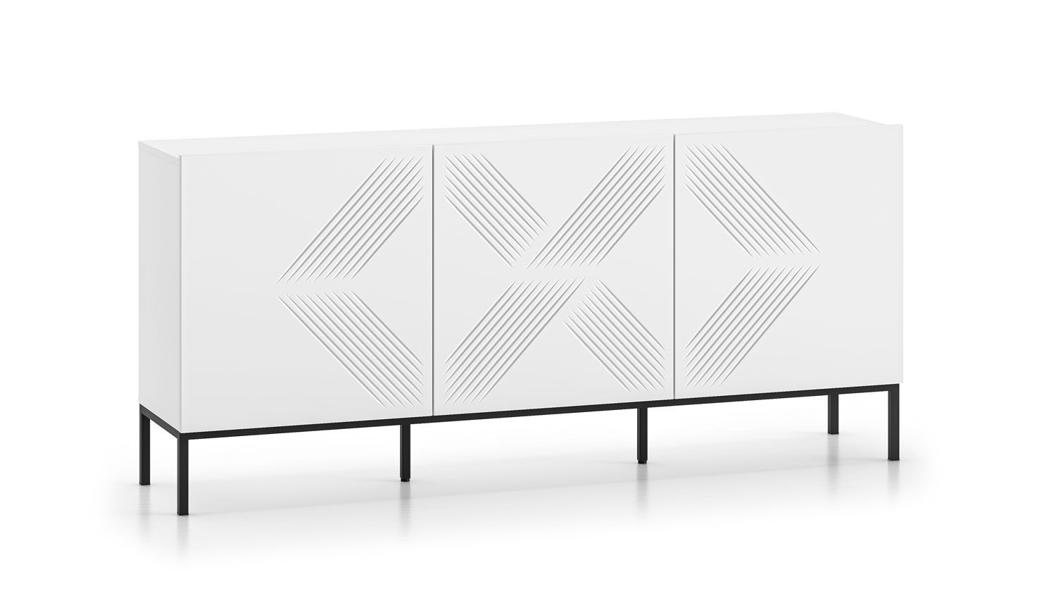 Modern sideboard in simple design Taos 07, color: white matt, legs: black, dimensions: 77 x 170 x 37 cm, with three doors, six compartments, for living room