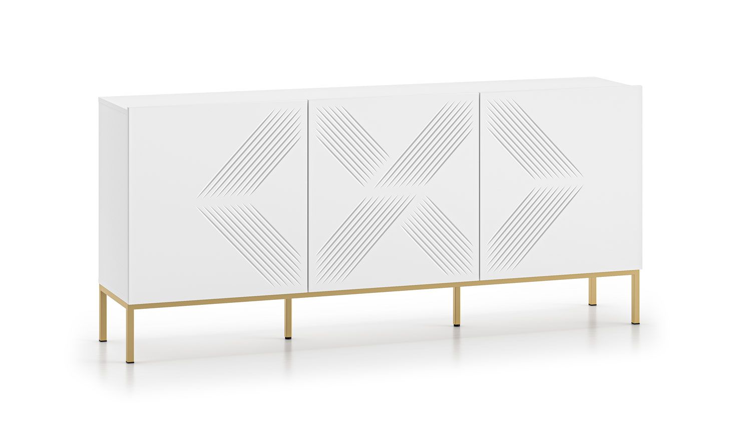 Sideboard / chest of drawers with a stylish Taos 08 front, color: white matt, legs: gold, dimensions: 77 x 170 x 37 cm, with three doors, six compartments