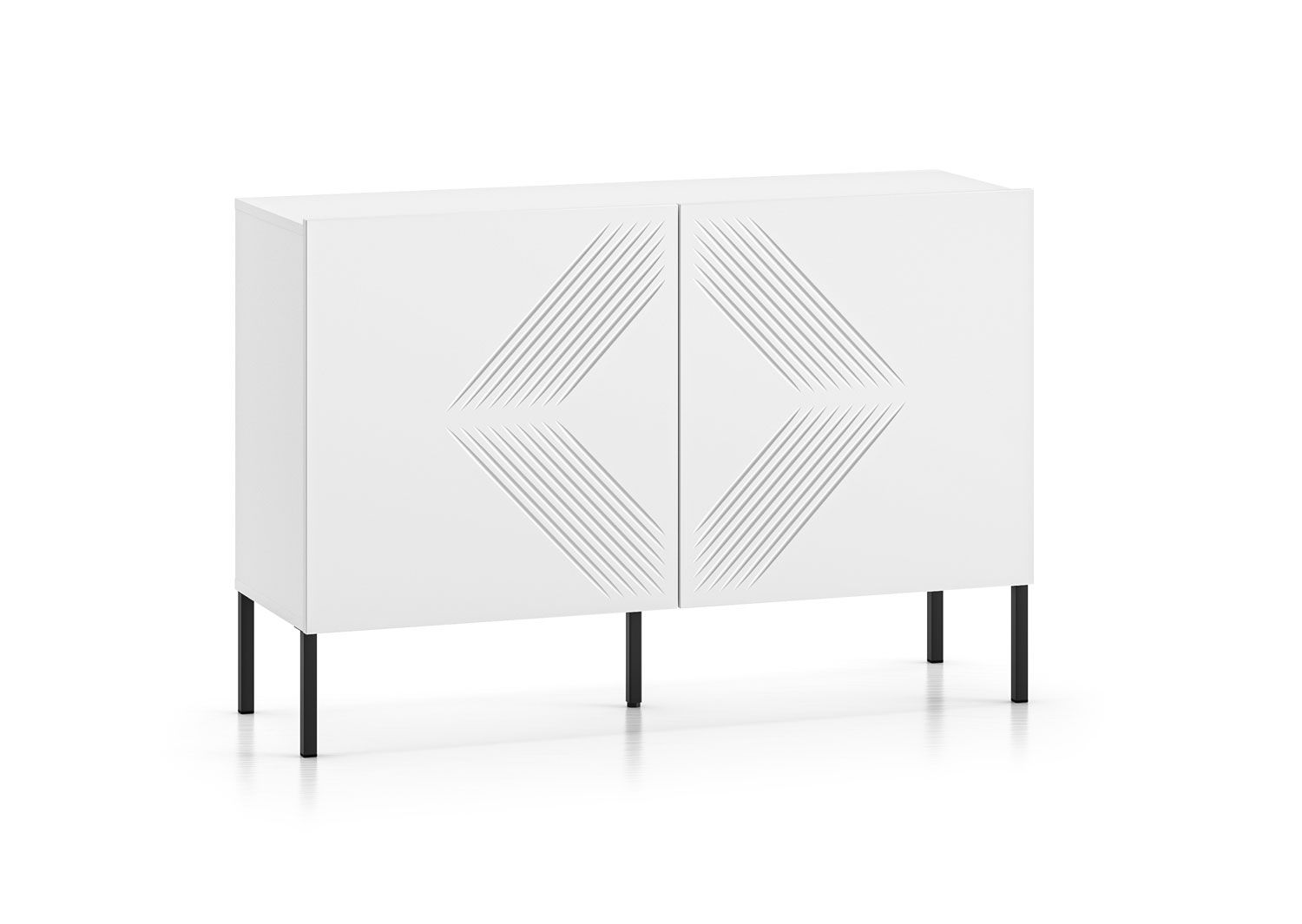 Simple chest of drawers with four compartments Taos 09, timeless design, color: white matt, legs: black, dimensions: 77 x 114 x 37 cm, high-quality workmanship, for living room 