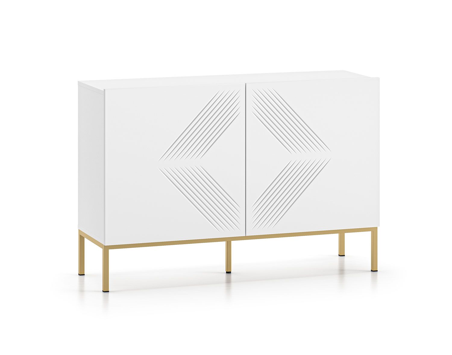 Chest of drawers with metal legs Taos 12, color: white matt, legs: gold, dimensions: 77 x 114 x 37 cm, with two doors and four compartments, easy to combine