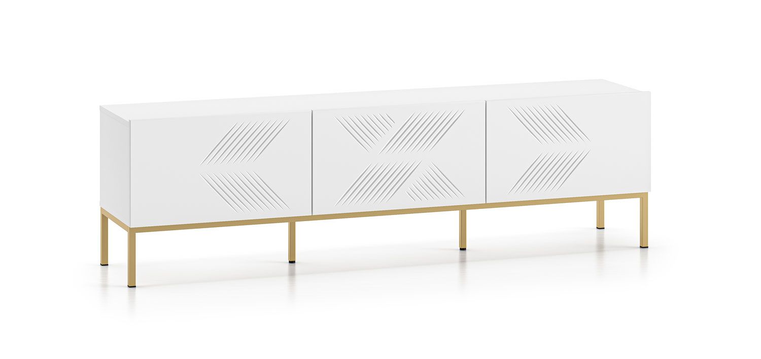 Modern TV cabinet / TV bench for living room Taos 16, legs: gold, can be combined very well, color: white matt, dimensions: 50 x 170 x 37 cm, with three tilt compartments, very stable