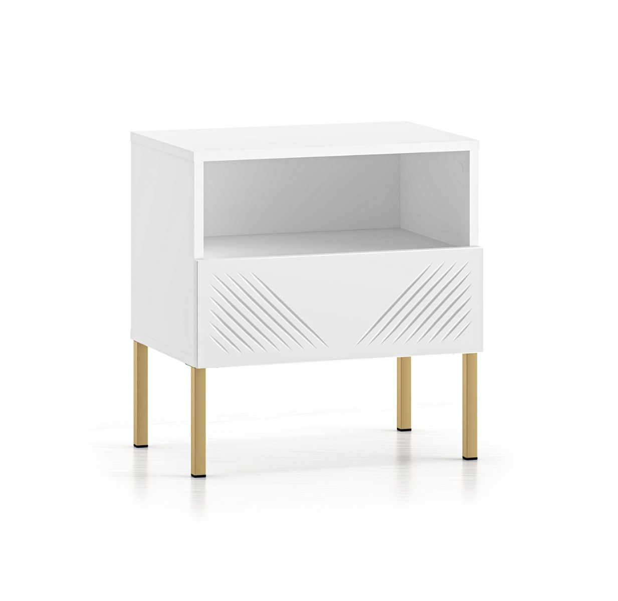 Bedside cabinet with push-to-open function Taos 18, color: white matt, easy to combine, dimensions: 53 x 50 x 34 cm, legs: gold, with 1 drawer and 1 compartment, soft-close system
