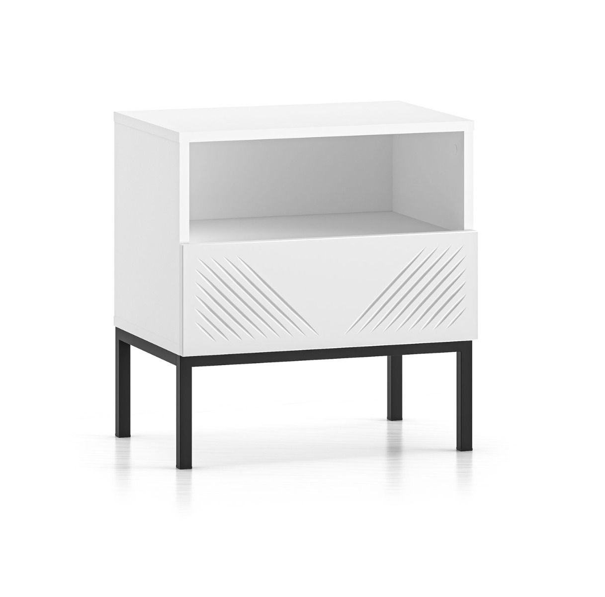 Modern bedside cabinet Taos 19, color: white matt, push-to-open function, dimensions: 53 x 50 x 34 cm, legs: black, timeless, with 1 drawer and 1 compartment, soft-close system