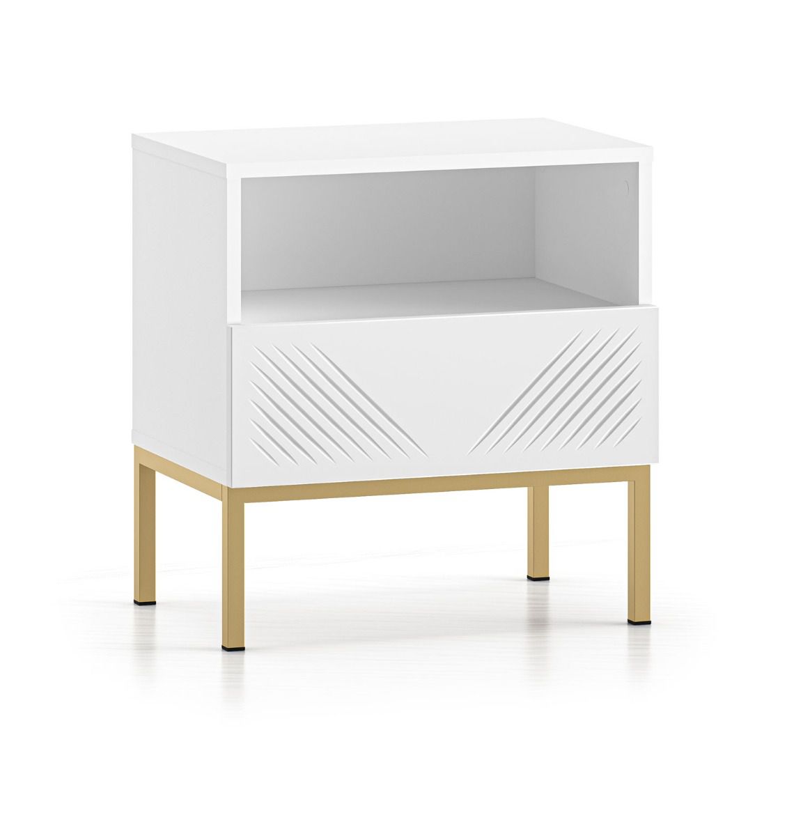 Simple bedside cabinet with one drawer Taos 20, color: white matt, soft-close system, dimensions: 53 x 50 x 34 cm, legs: gold, with one compartment, push-to-open function