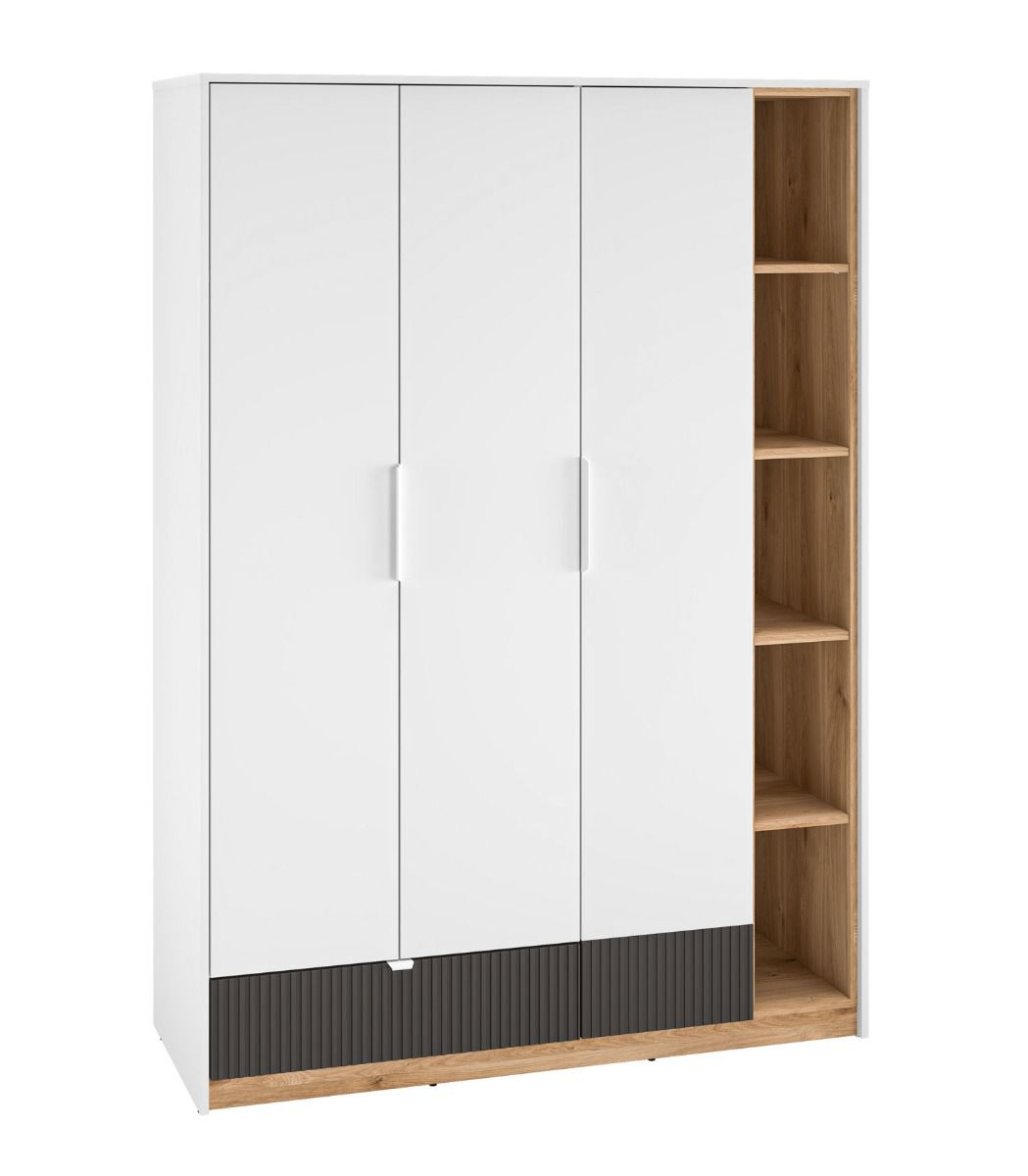 Closet with three doors Mackinac 01, color: white / oak / graphite matt, soft-close system, ABS edge protection, dimensions: 196 x 138 x 53 cm, with one drawer and 11 compartments