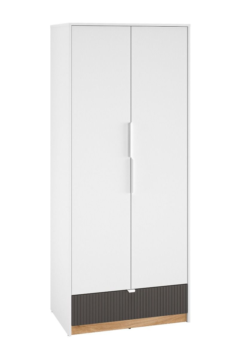 Modern closet soft-close system Mackinac 02, color: white / oak / graphite matt, ABS edge protection, dimensions: 196 x 82 x 53 cm, with two doors, one drawer and one compartment
