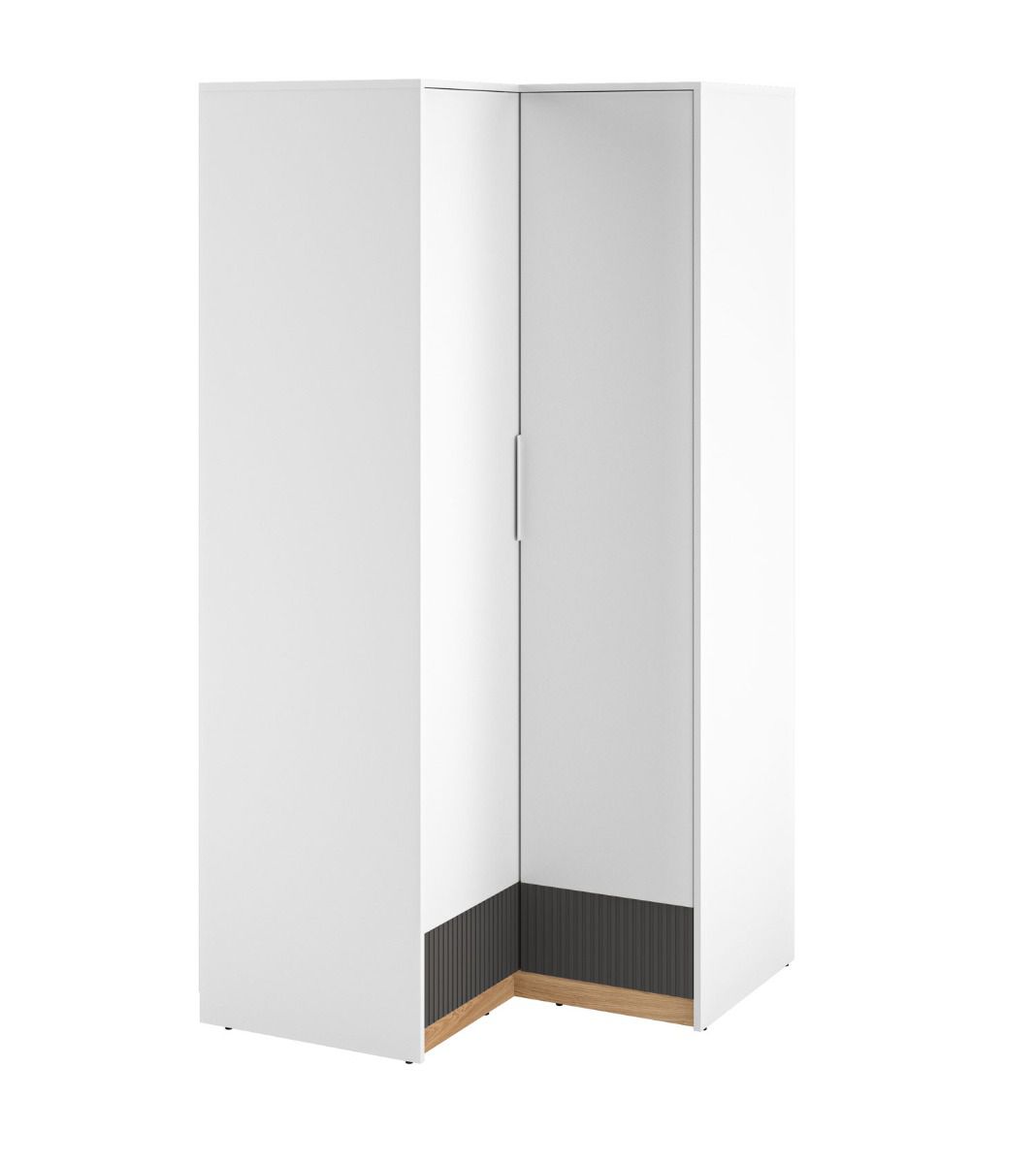 Hinge-door closet / corner closet with five compartments Mackinac 03, handles: Metal, color: white / oak / graphite matt, soft-close system, dimensions: 196 x 96 x 96 cm, with two doors and two clothes rails