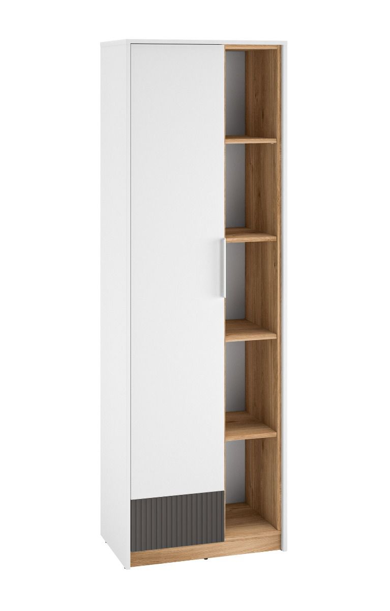 Shelf with sufficient storage space Mackinac 04, ABS edge protection, 10 compartments, color: white / oak / graphite matt, handles: Metal, dimensions: 196 x 64 x 40 cm, with soft-close system