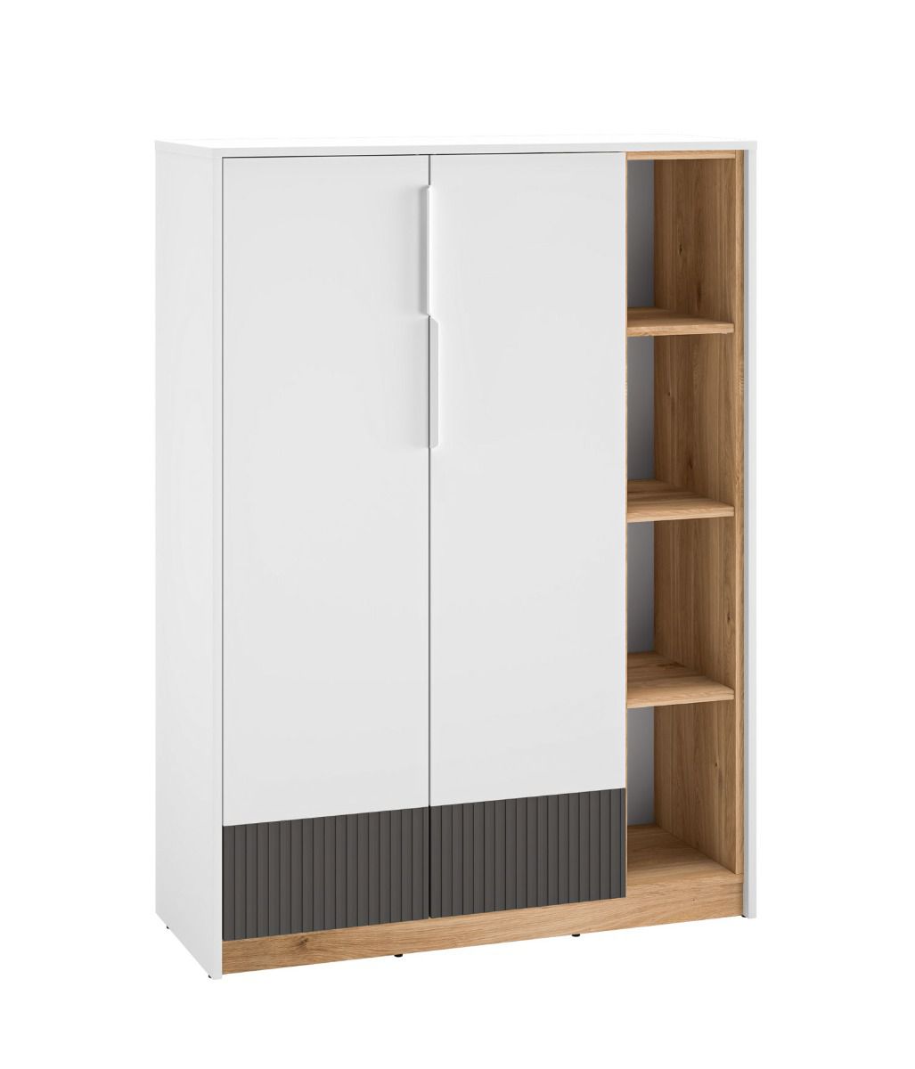 Modern chest of drawers with ABS edge protection Mackinac 05, color: white / oak / graphite matt, handles: Metal, dimensions: 140 x 101 x 40 cm, with two doors and eight compartments, soft-close system