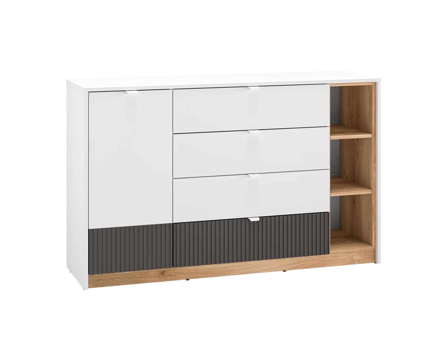 Timeless chest of drawers with soft-close system Mackinac 06, color: white / oak / graphite matt, handles: Metal, dimensions: 86 x 138 x 40 cm, with one door, four drawers and five compartments, easy to combine with other furniture