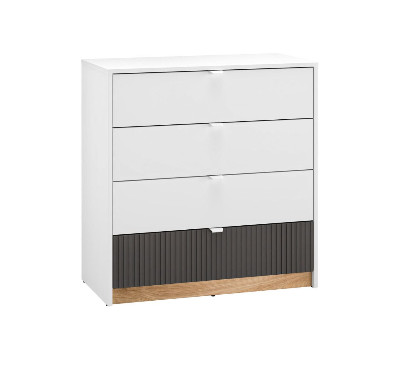 Simple chest of drawers with four drawers Mackinac 07, ABS edge protection, color: white / oak / graphite matt, handles: Metal, dimensions: 86 x 82 x 40 cm, easy to combine with other furniture, with soft-close system