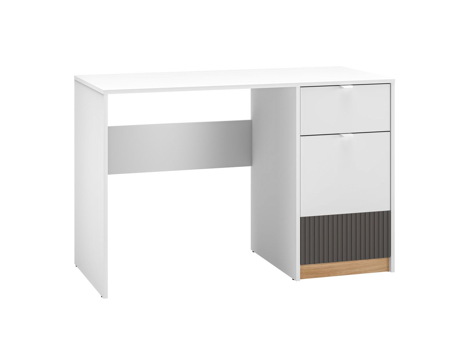 Modern desk with storage space Mackinac 08, soft-close system, ABS edge protection, color: white / oak / graphite matt, dimensions: 76 x 120 x 55 cm, with one drawer and two compartments