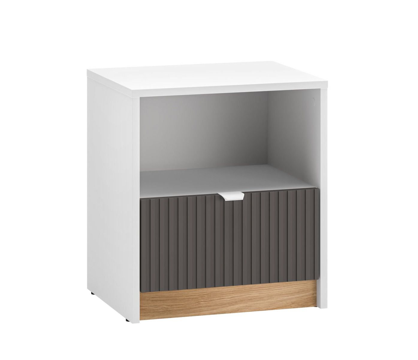Bedside chest of drawers in the sleek and simple design Mackinac 09, color: white / oak / graphite matt, soft-close system, dimensions: 48 x 43 x 34 cm, with one compartment and one drawer