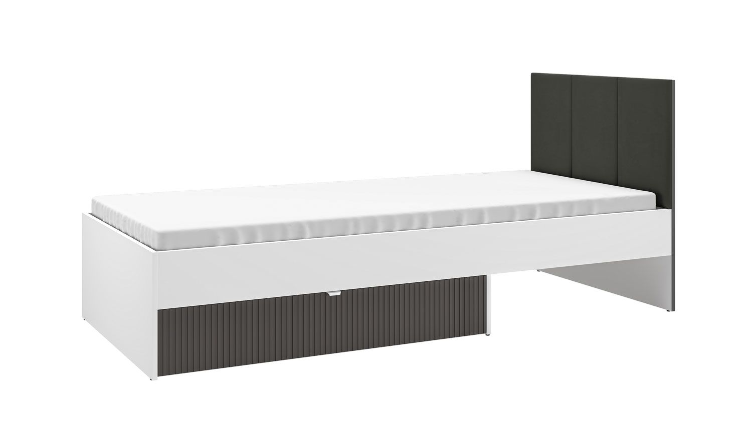 Single bed / guest bed with one bed drawer Mackinac 11, ABS edge protection, color: white / oak / graphite matt, lying surface: 90 x 200 cm, incl. slatted frame, practical and modern