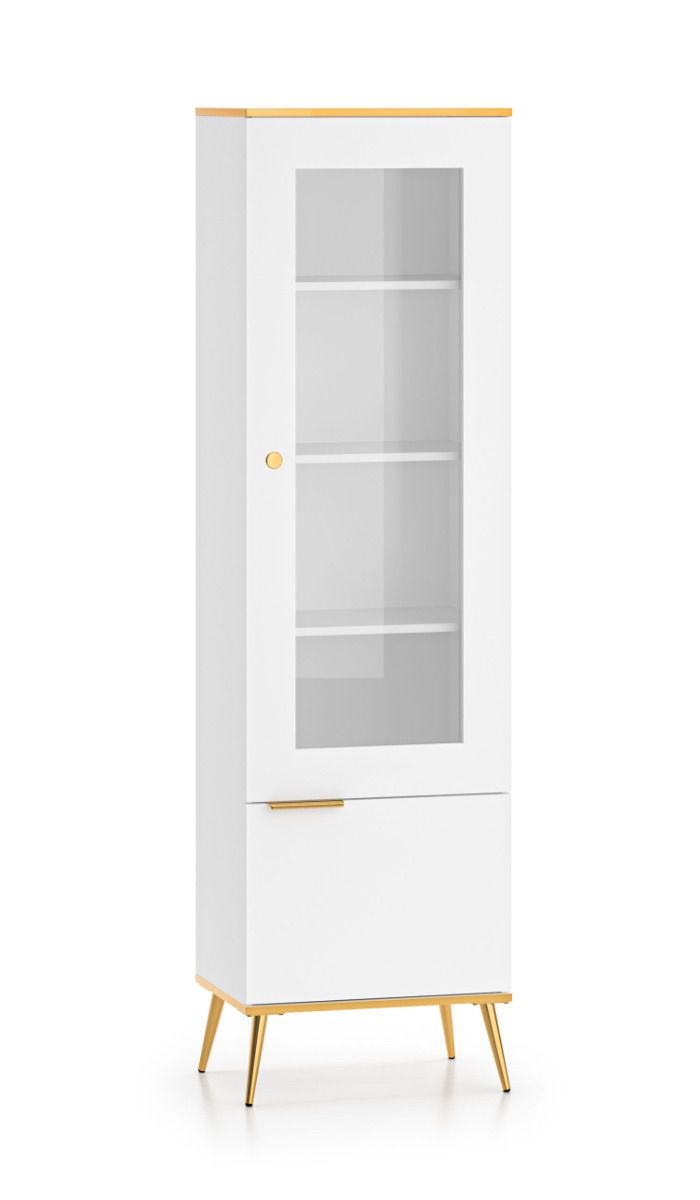 Elegant display cabinet with soft-close system Breckenridge 02, color: white, comfortable and timeless, dimensions: 195 x 55 x 40 cm, with 2 doors and 5 compartments