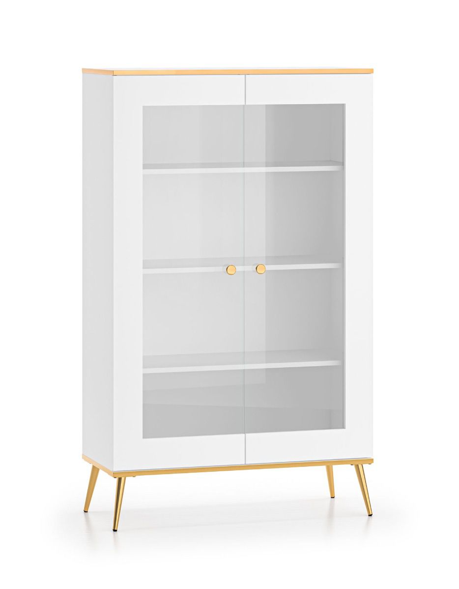 Luxury display cabinet with four compartments Breckenridge 03, color: white, ABS edge protection, dimensions: 152 x 92 x 40 cm, soft-close system, handles: gold, with 2 doors 
