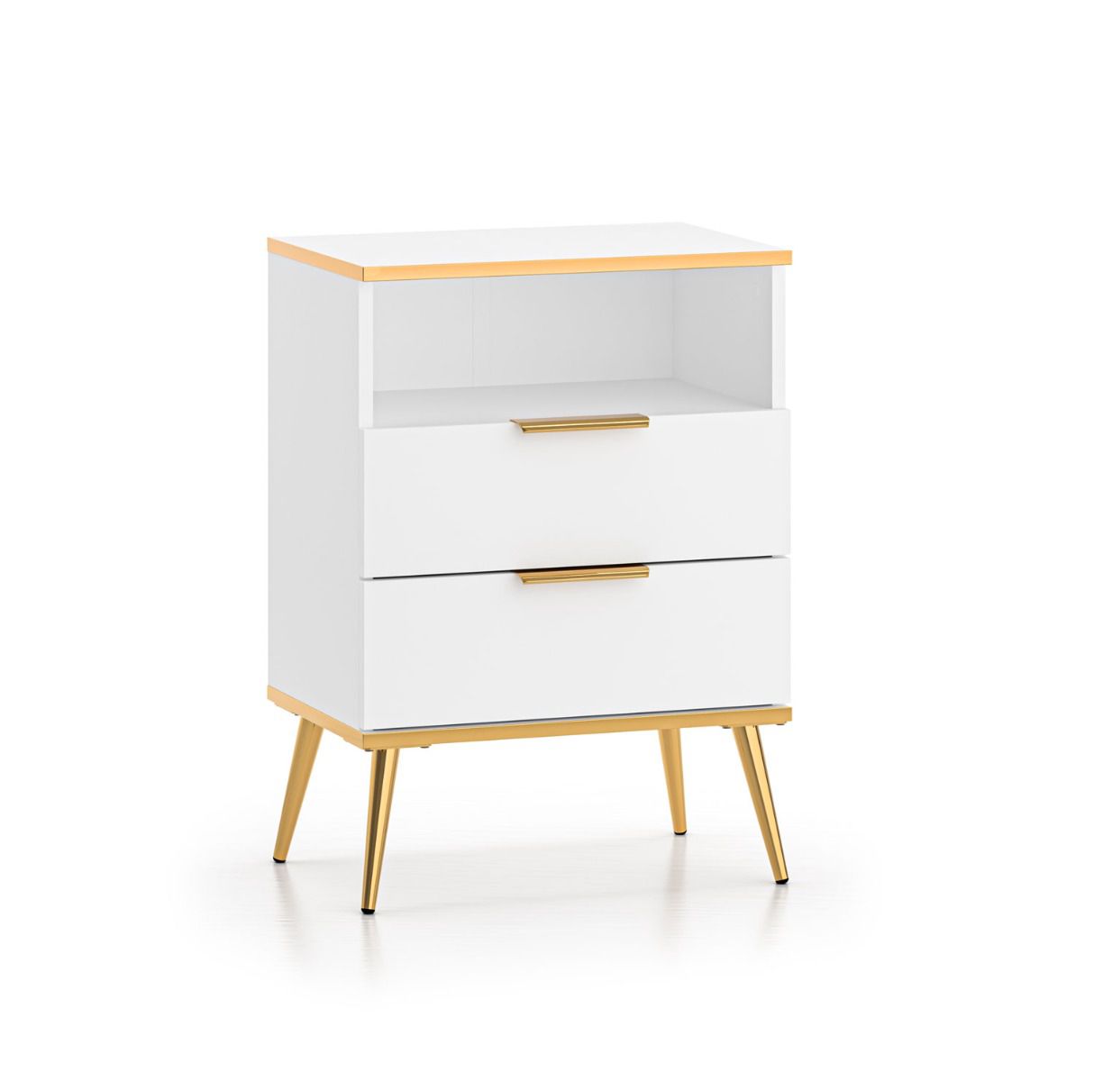 Light bedside cabinet with two drawers Breckenridge 08, color: white, soft-close system, dimensions: 70 x 50 x 34 cm, legs & handles: gold, with one open compartment