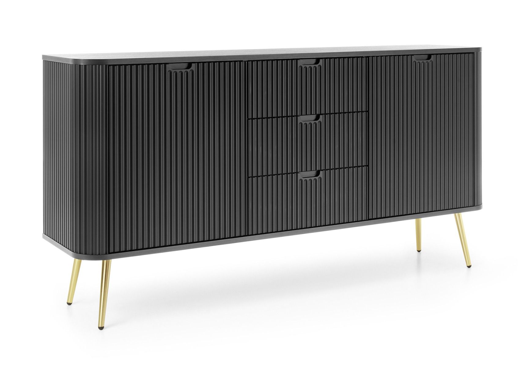 Black Makreb 12 chest of drawers with soft close system, 87 x 168 x 61.5 cm, milled fronts, 3 drawers, gold metal legs, 4 compartments, 2 doors, ABS